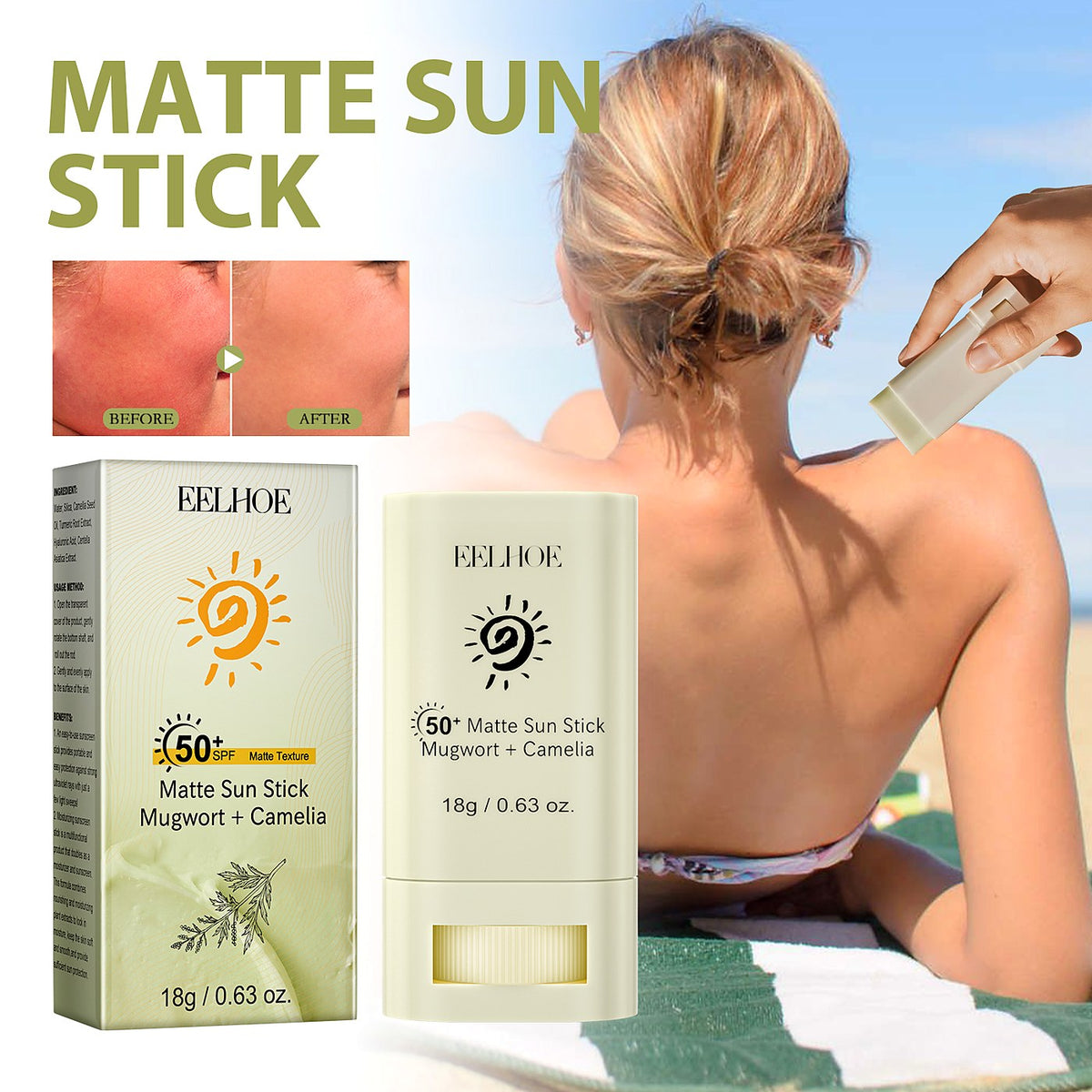 EELHOE Matte Sunscreen Stick 18g - Portable SPF Stick for Face & Body