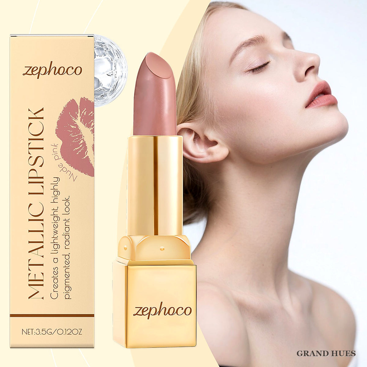 zephoco Metallic Cream Lipstick 3.5g - Nude Pink with a Metallic Finish