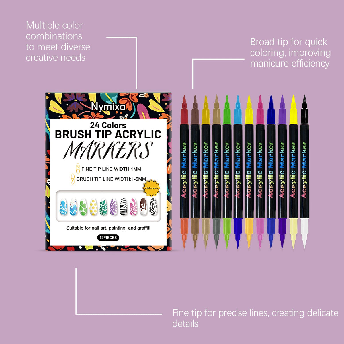 Nymixa 24-Color Dual-Tip Acrylic Nail Art Markers - nail art marker