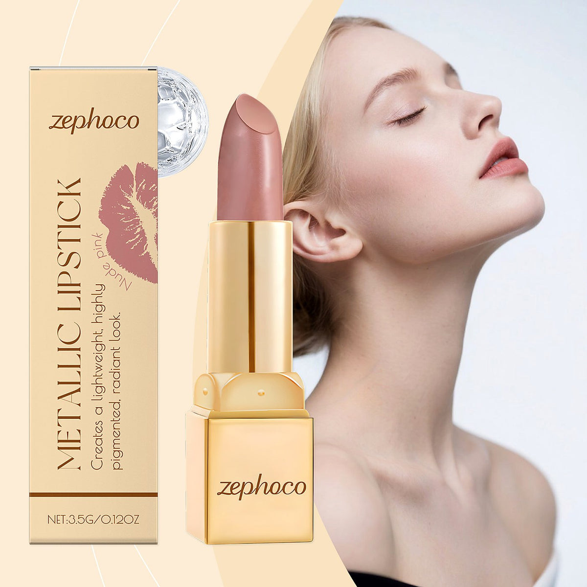 zephoco Metallic Cream Lipstick 3.5g - Nude Pink with a Metallic Finish