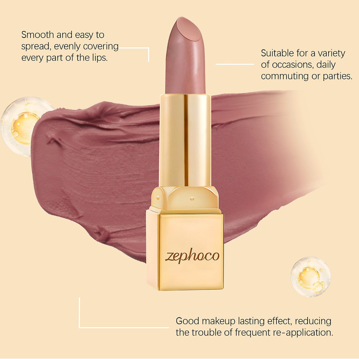 zephoco Metallic Cream Lipstick 3.5g - Nude Pink with a Metallic Finish